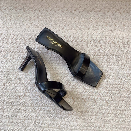 Saint Laurent HIGH MULES WITH SQUARE TOE IN BLACK SMOOTH CALFSKIN
