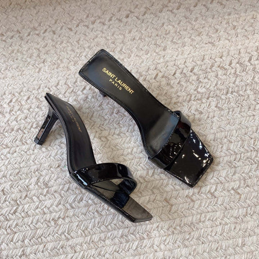 Saint Laurent HIGH MULES WITH SQUARE TOE IN BLACK GLOSSY CALFSKIN