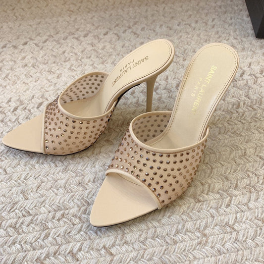 Saint Laurent LA 16 HEELED MULES ATTACHED RHINESTONES IN CREAM MESH
