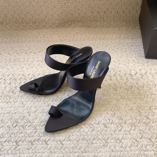 Saint Laurent MARTHA POINTED OPEN-TOE HIGH MULES IN BLACK SILK