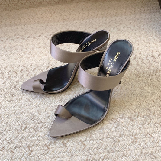 Saint Laurent MARTHA POINTED OPEN-TOE HIGH MULES IN GRAY SILK
