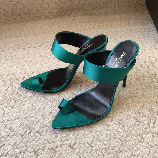Saint Laurent MARTHA POINTED OPEN-TOE HIGH MULES IN TEAL GREEN SILK