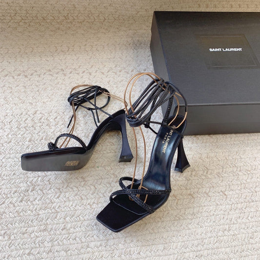 Saint Laurent LIZA SANDALS IN BLACK SILK WITH CRYSTALS