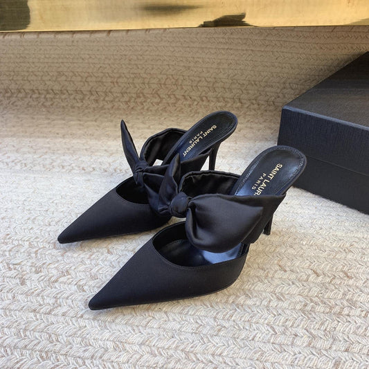 Saint Laurent BARBARA BIG BOW MULES IN BLACK SILK
