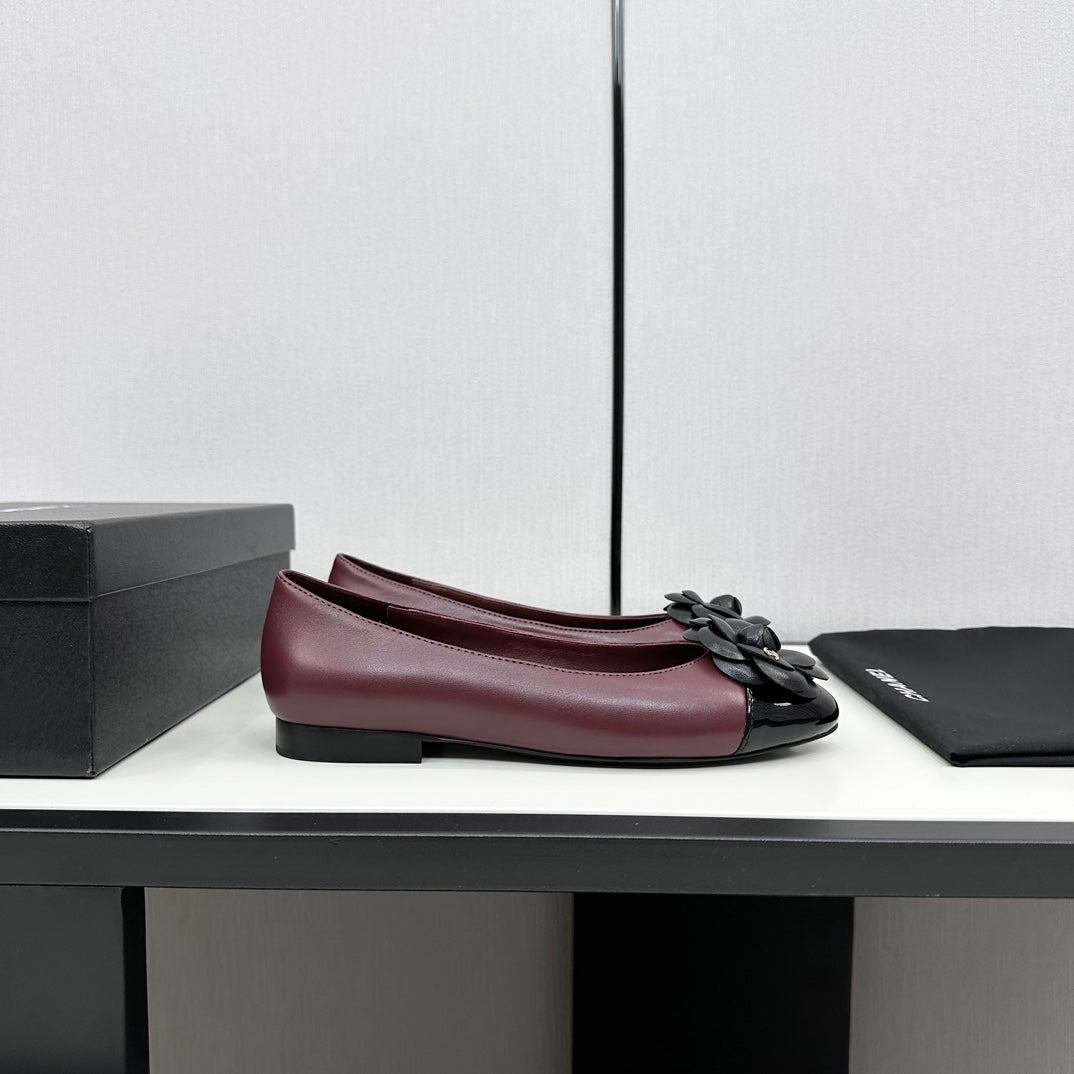 CHANEL ballet flat flower burgundy calfskin black patent calfskin