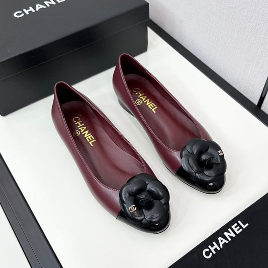 CHANEL ballet flat flower burgundy calfskin black patent calfskin