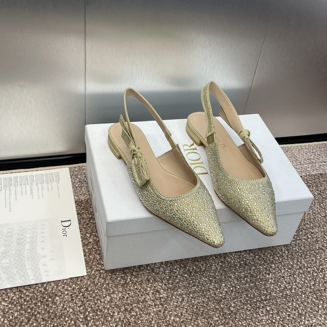 DIOR slingback flat gold green calfskin resin pearl