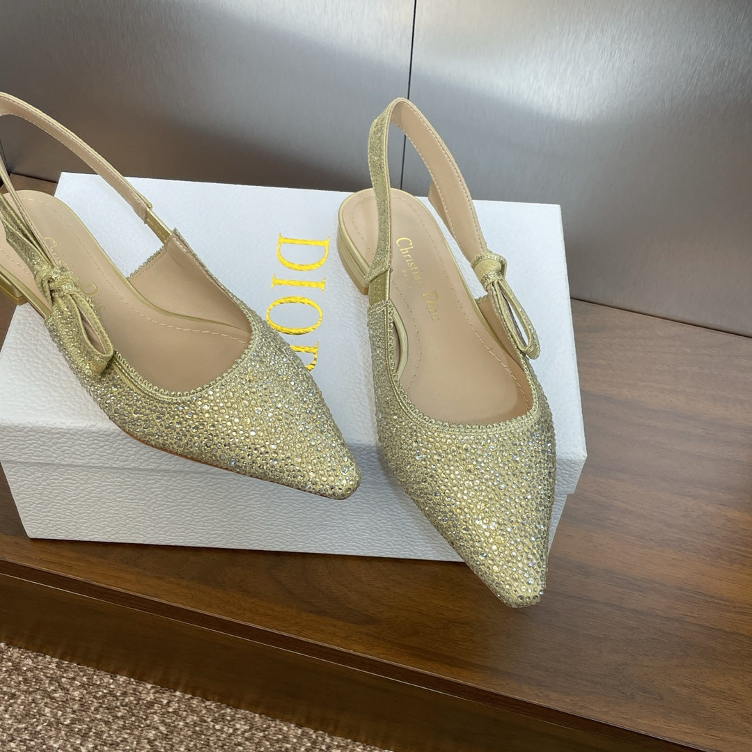 DIOR slingback flat gold green calfskin resin pearl