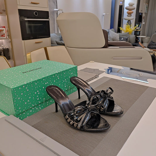 Balanciaga BOW-EMBELLISHED HIGH MULES IN BLACK SHEEPSKIN