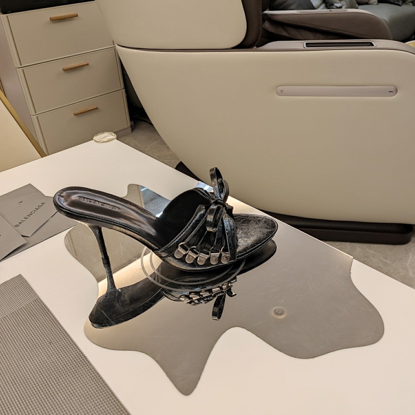 Balanciaga BOW-EMBELLISHED HIGH MULES IN BLACK SHEEPSKIN