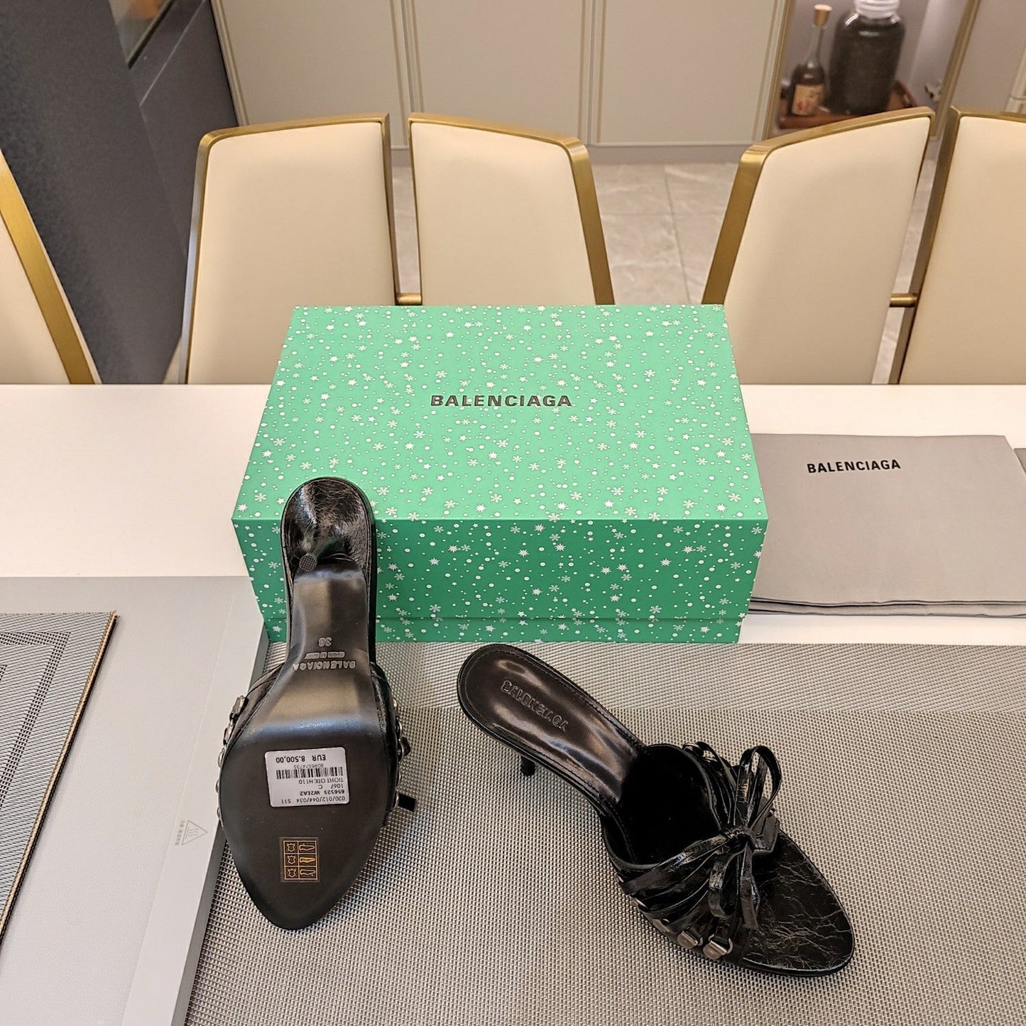 Balanciaga BOW-EMBELLISHED HIGH MULES IN BLACK SHEEPSKIN