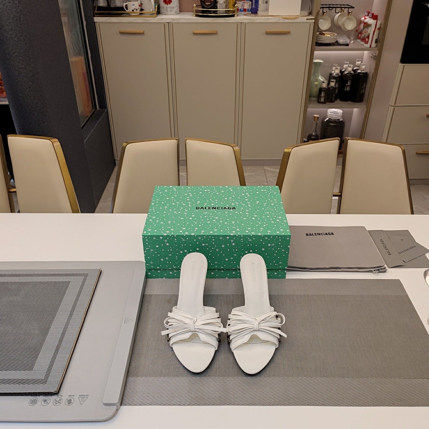 Balanciaga BOW-EMBELLISHED HIGH MULES IN WHITE SHEEPSKIN
