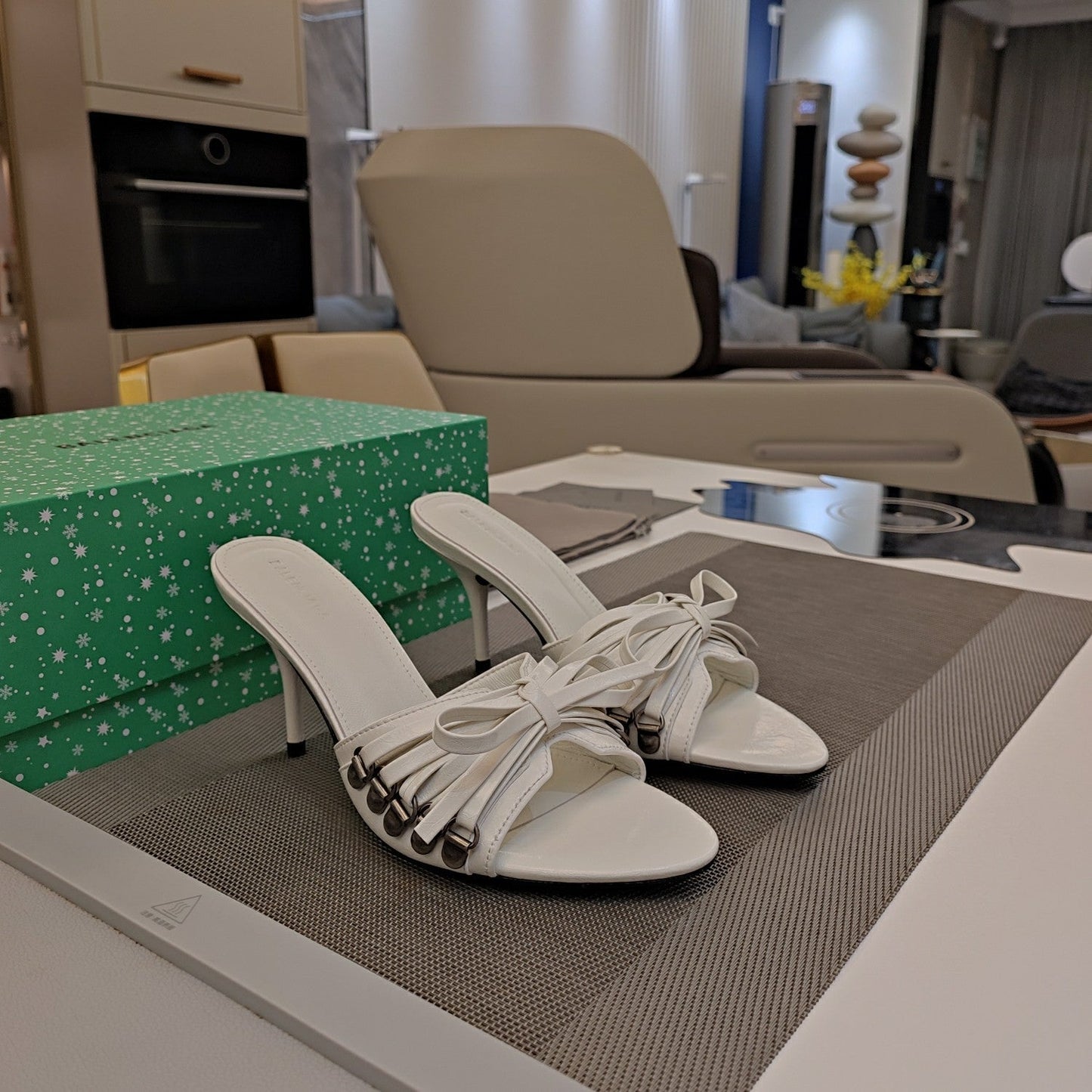 Balanciaga BOW-EMBELLISHED HIGH MULES IN WHITE SHEEPSKIN