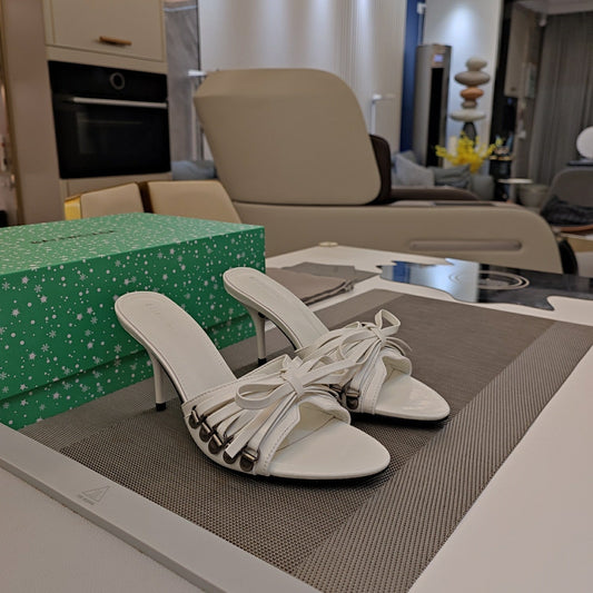 Balanciaga BOW-EMBELLISHED HIGH MULES IN WHITE SHEEPSKIN