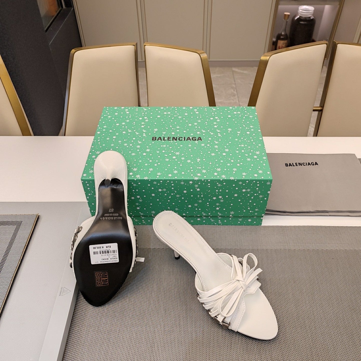 Balanciaga BOW-EMBELLISHED HIGH MULES IN WHITE SHEEPSKIN