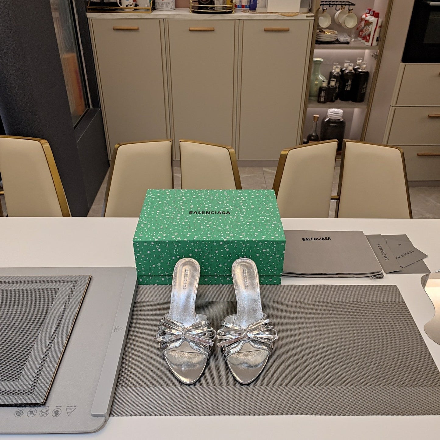Balanciaga BOW-EMBELLISHED HIGH MULES IN SILVER METALLIC SHEEPSKIN