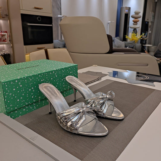 Balanciaga BOW-EMBELLISHED HIGH MULES IN SILVER METALLIC SHEEPSKIN