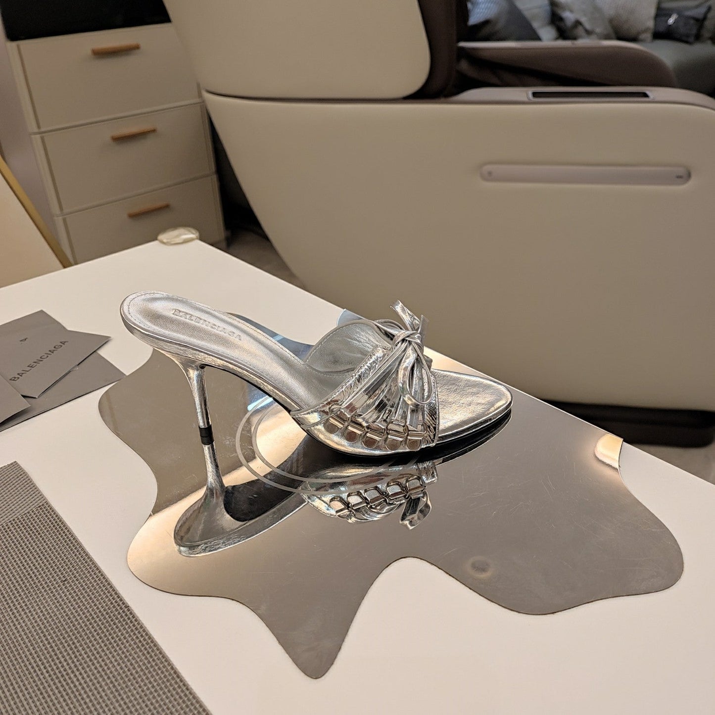 Balanciaga BOW-EMBELLISHED HIGH MULES IN SILVER METALLIC SHEEPSKIN
