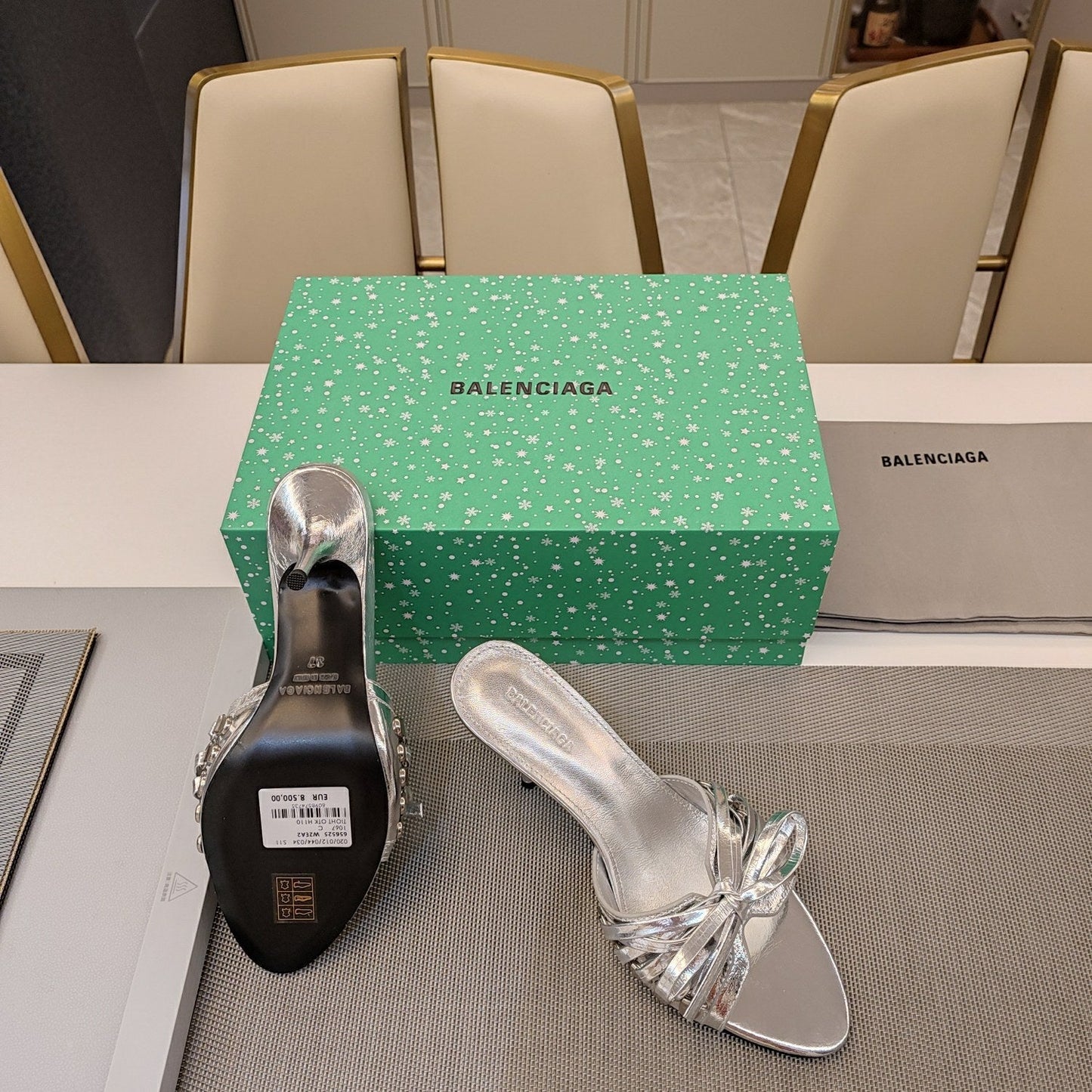 Balanciaga BOW-EMBELLISHED HIGH MULES IN SILVER METALLIC SHEEPSKIN