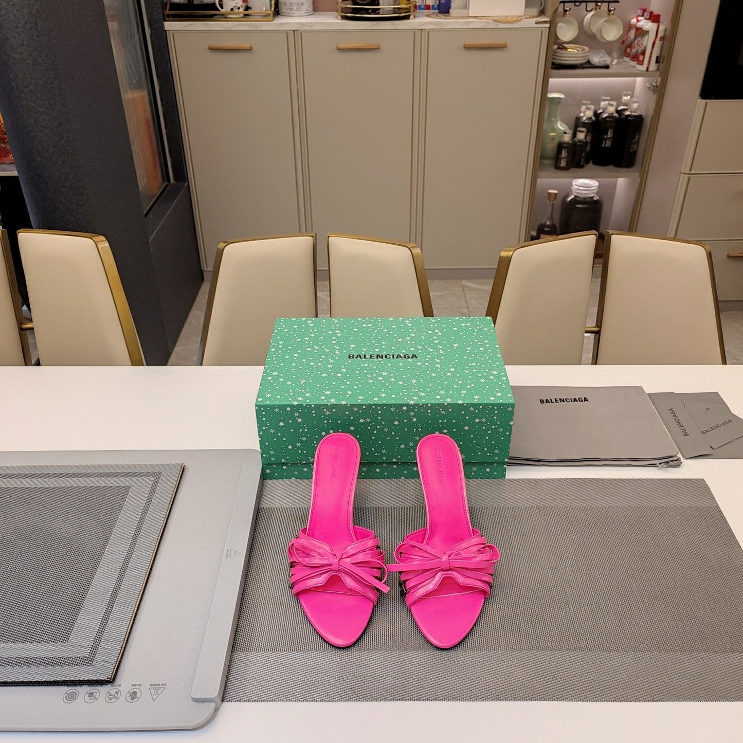 Balanciaga BOW-EMBELLISHED HIGH MULES IN HOT PINK SHEEPSKIN