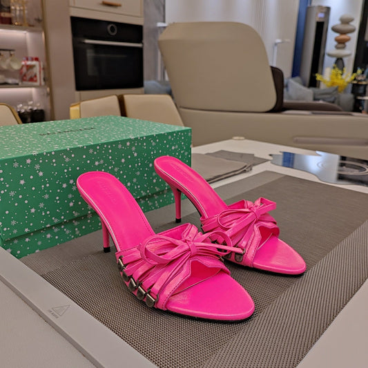 Balanciaga BOW-EMBELLISHED HIGH MULES IN HOT PINK SHEEPSKIN