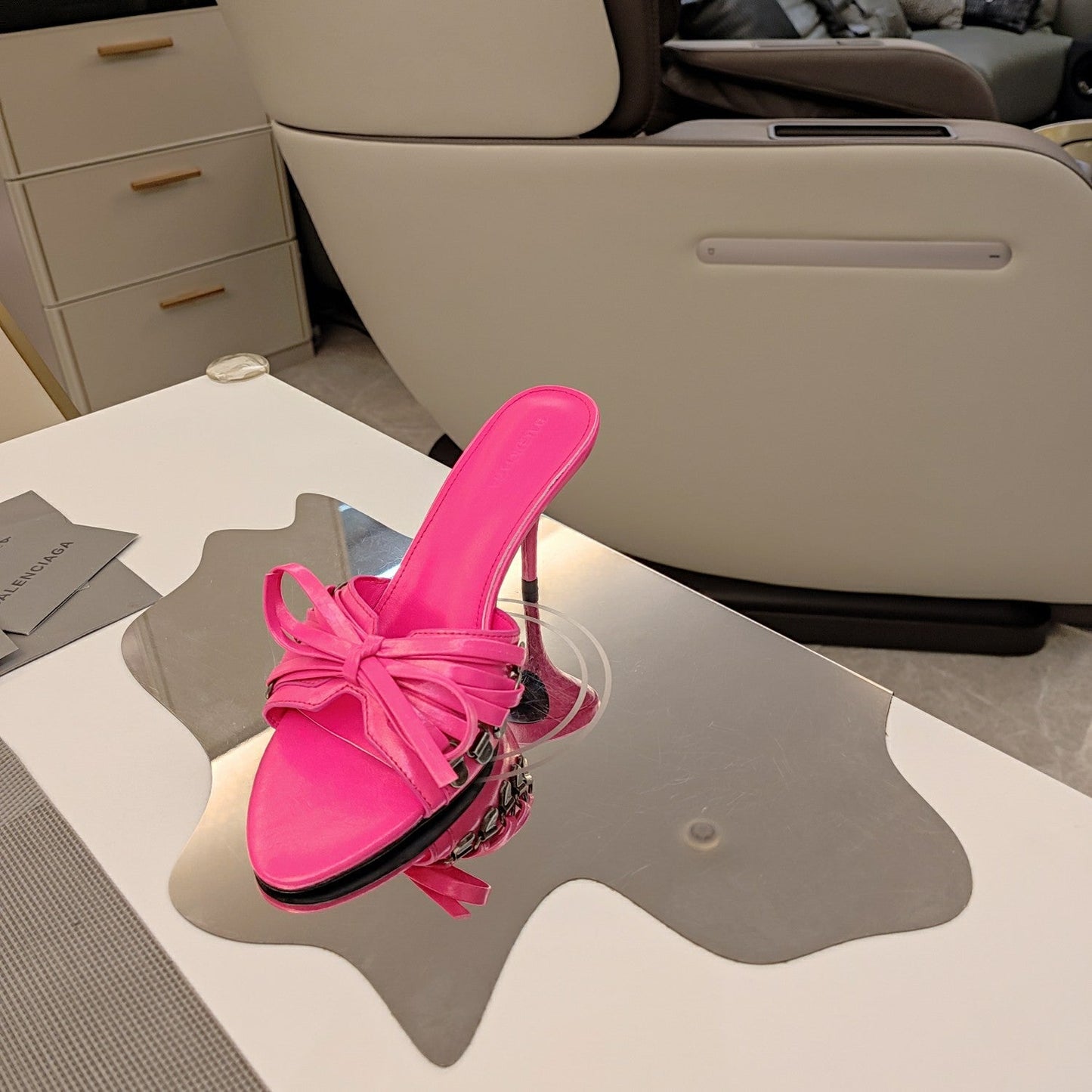 Balanciaga BOW-EMBELLISHED HIGH MULES IN HOT PINK SHEEPSKIN