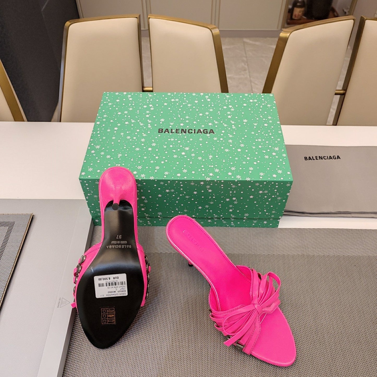 Balanciaga BOW-EMBELLISHED HIGH MULES IN HOT PINK SHEEPSKIN