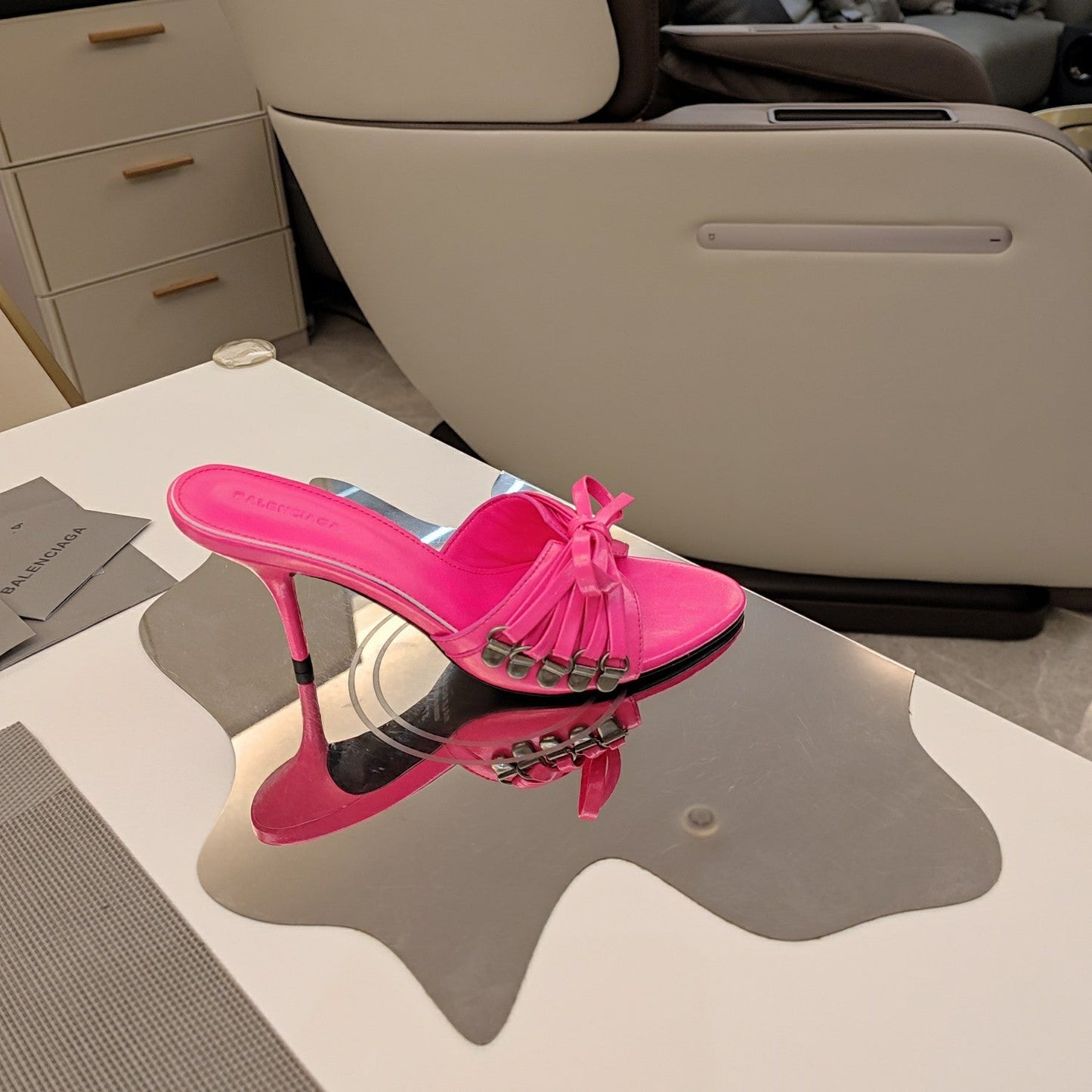 Balanciaga BOW-EMBELLISHED HIGH MULES IN HOT PINK SHEEPSKIN