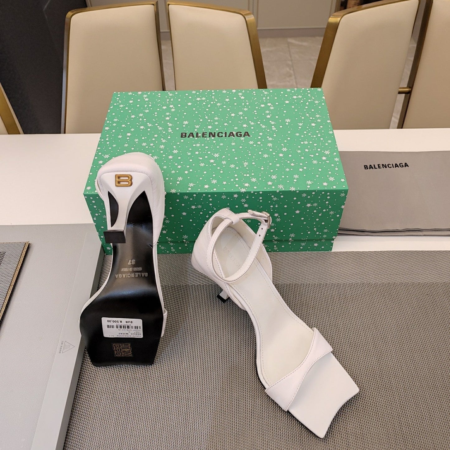 Balanciaga OPEN-TOE CURVED HIGH HEEL SANDALS IN WHITE SMOOTH CALFSKIN