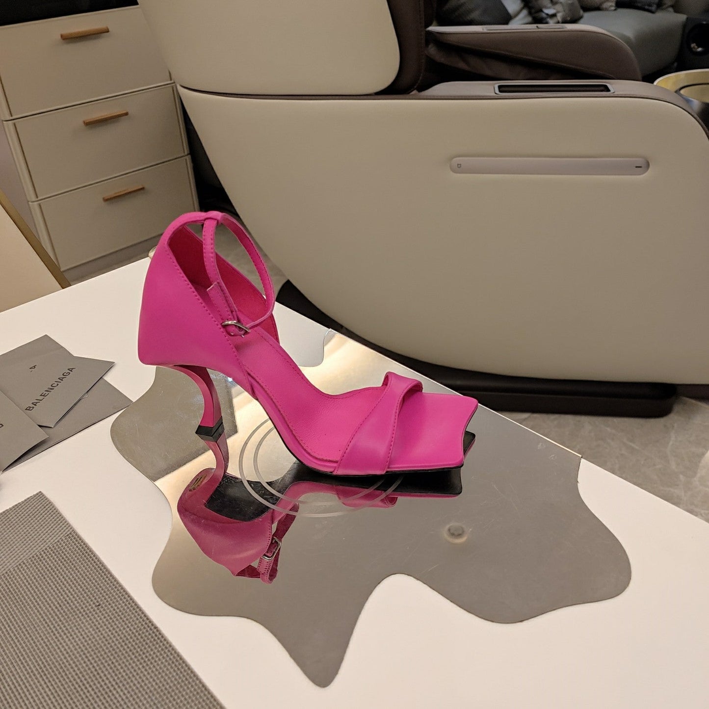 Balanciaga OPEN-TOE CURVED HIGH HEEL SANDALS IN DEEP PINK SMOOTH CALFSKIN