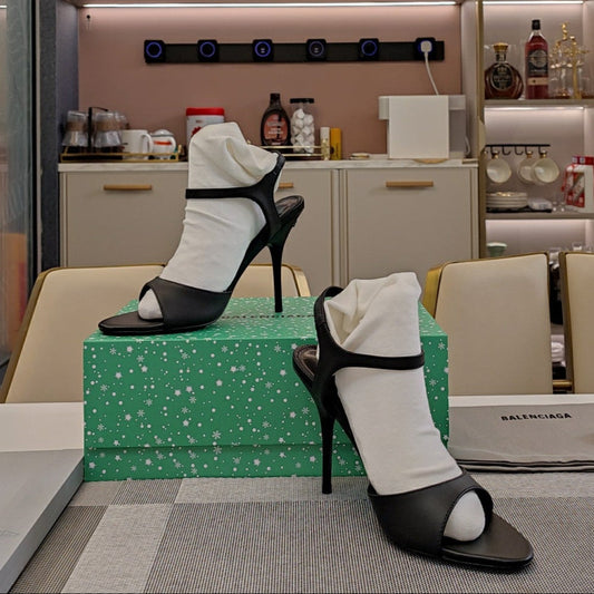 Balanciaga OPEN TOE STRAPPY HIGH HEEL IN BLACK CALFSKIN