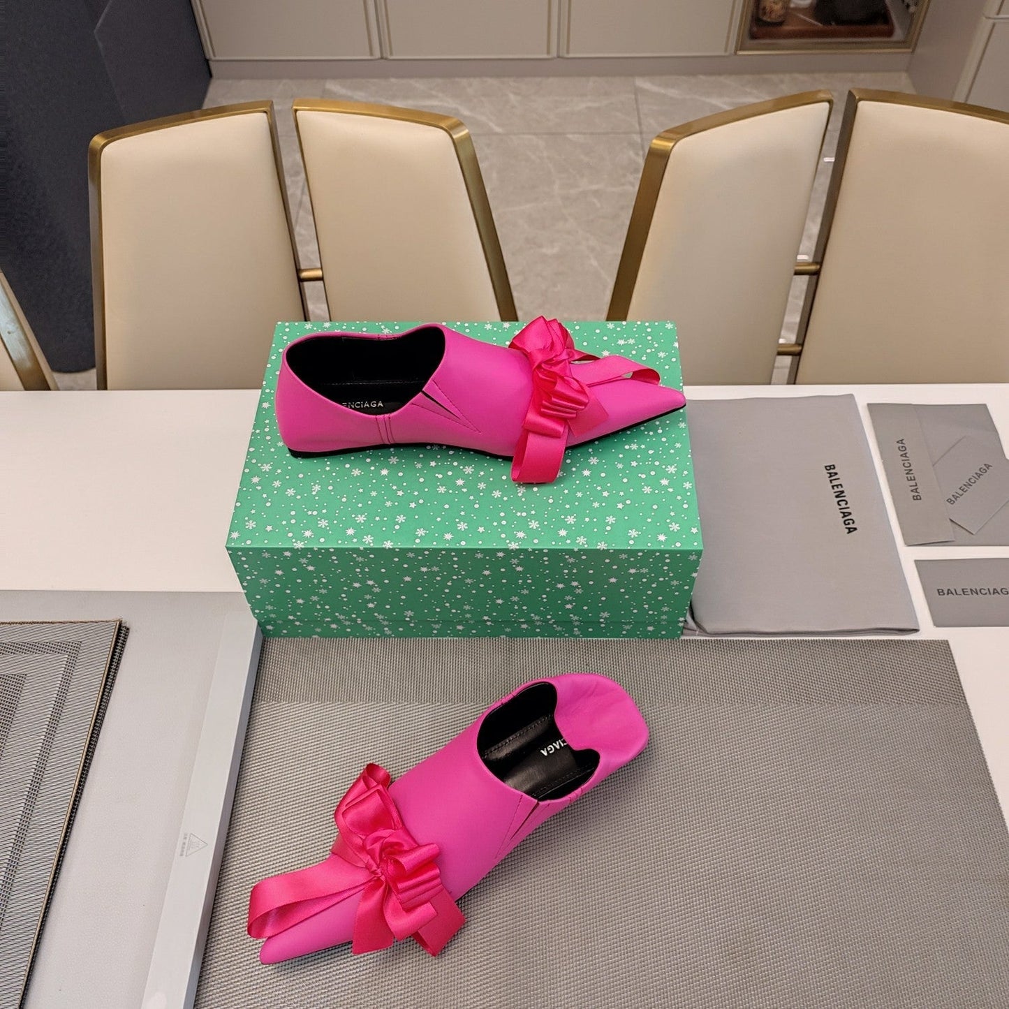 Balanciaga POINTED-TOE FLATS WITH BOW IN HOT PINK SOFT LAMBSKIN