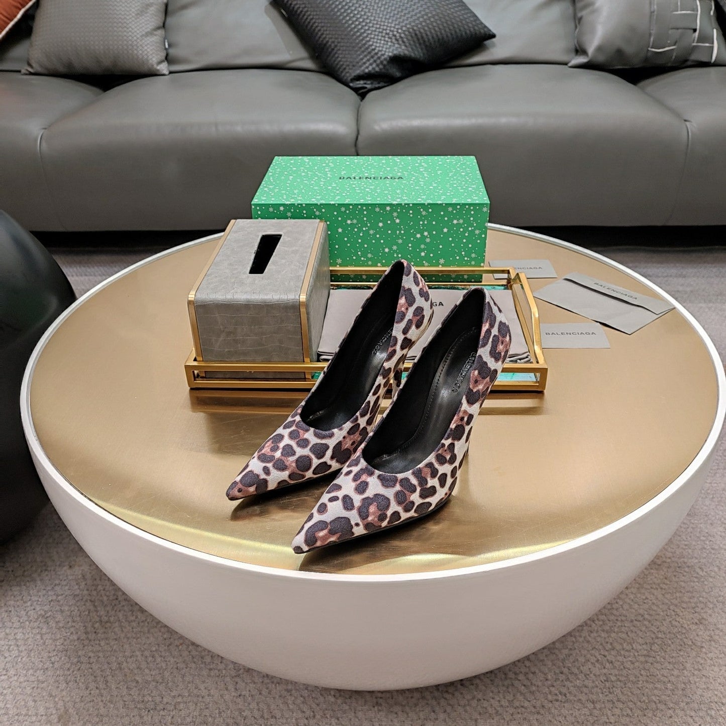 Balanciaga HIGH PUMPS IN LIGHT GRAY LEOPARD PRINT SUEDE