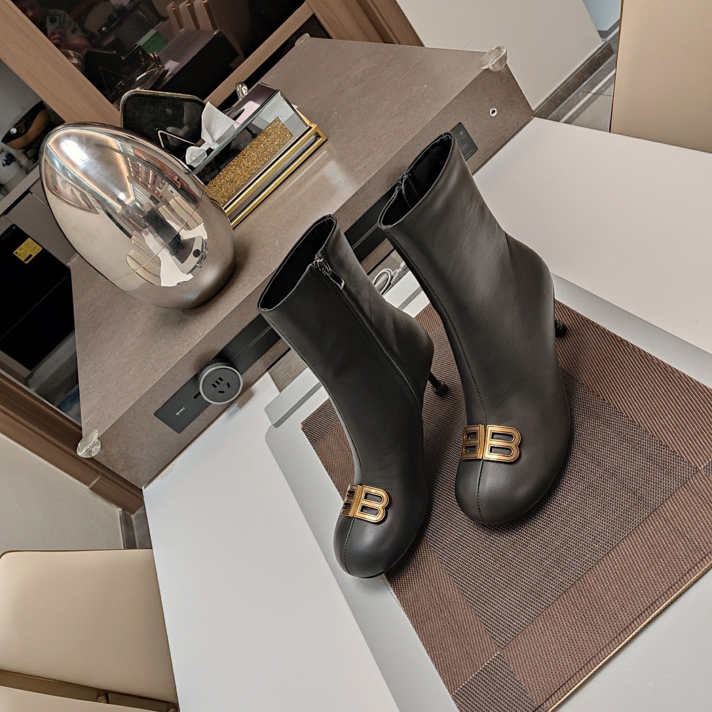 Balanciaga ROUND-TOE HIGH HEEL BOOTS IN BLACK SMOOTH LAMBSKIN