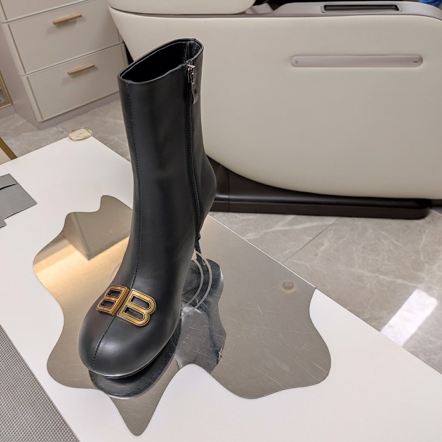 Balanciaga ROUND-TOE HIGH HEEL BOOTS IN BLACK SMOOTH LAMBSKIN