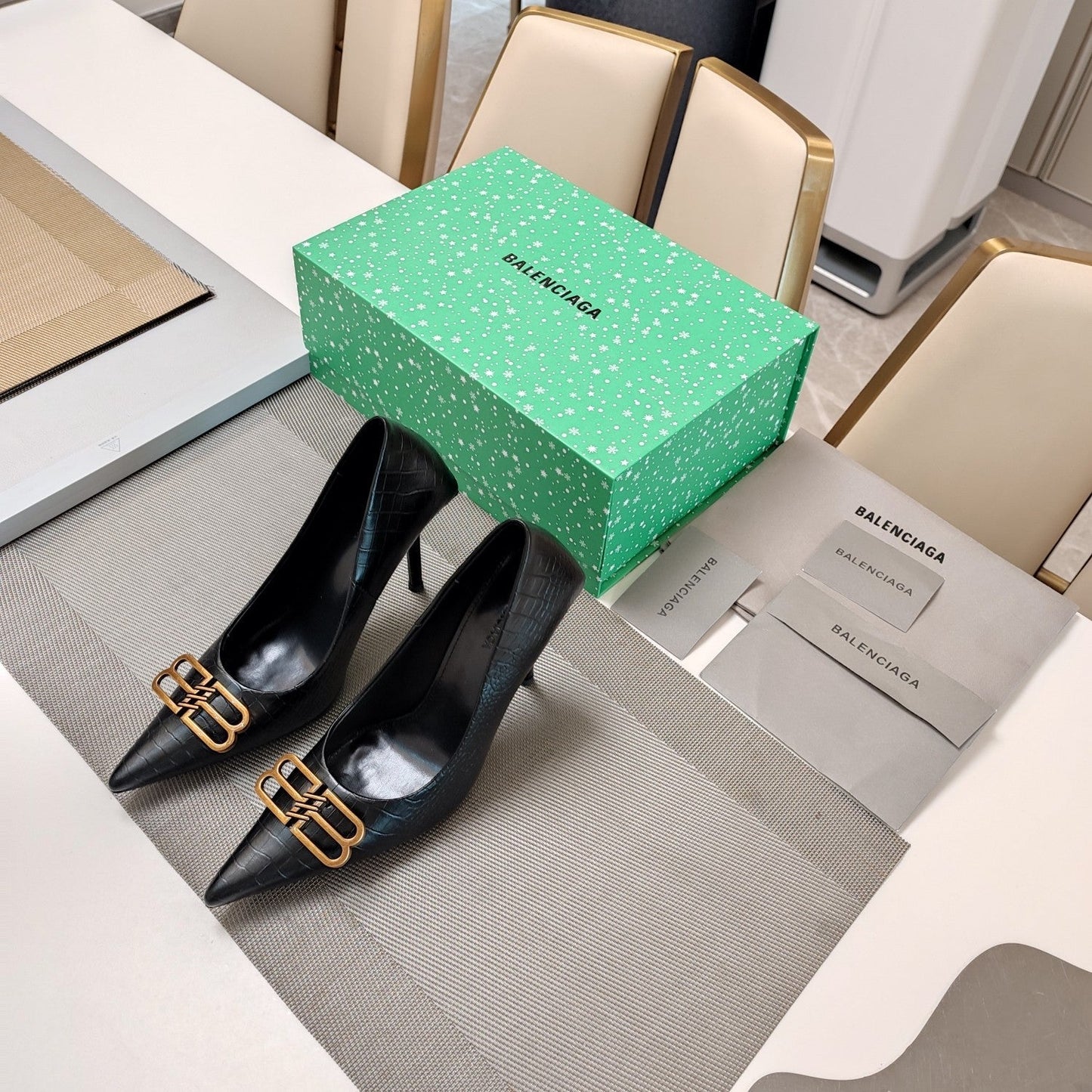 Balanciaga POINTED BB GOLD BUCKLE HIGH PUMPS IN BLACK CROCODILE PATTERN CALFSKIN