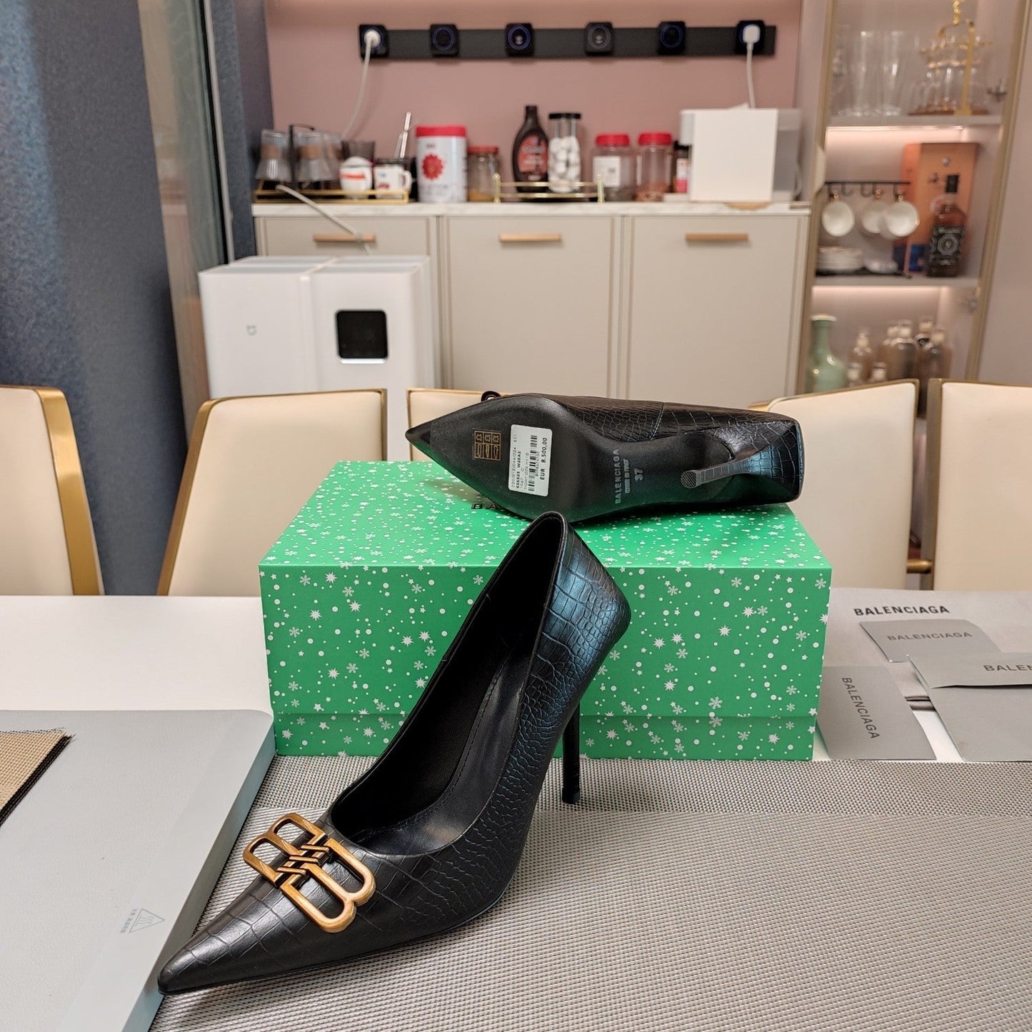 Balanciaga POINTED BB GOLD BUCKLE HIGH PUMPS IN BLACK CROCODILE PATTERN CALFSKIN