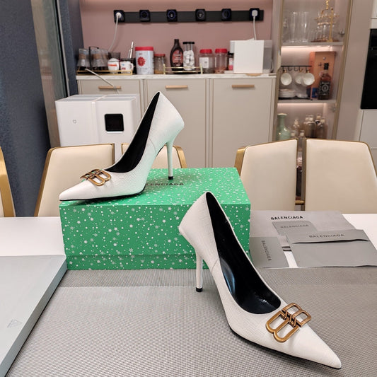 Balanciaga POINTED BB GOLD BUCKLE HIGH PUMPS IN WHITE CROCODILE PATTERN CALFSKIN