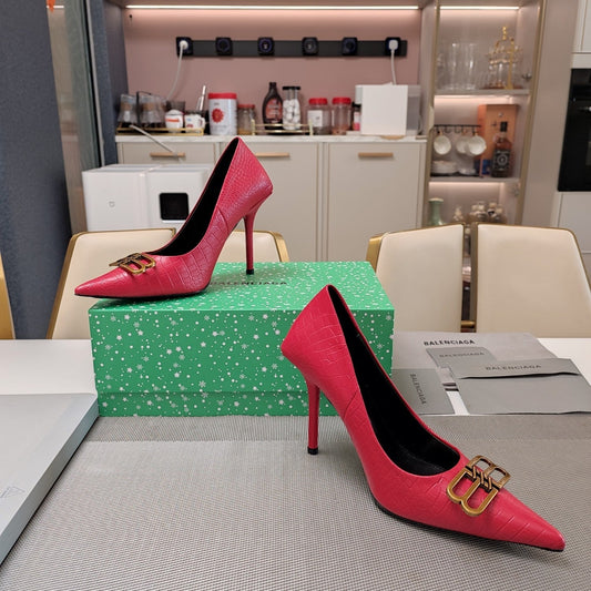 Balanciaga POINTED BB GOLD BUCKLE HIGH PUMPS IN RED CROCODILE PATTERN CALFSKIN