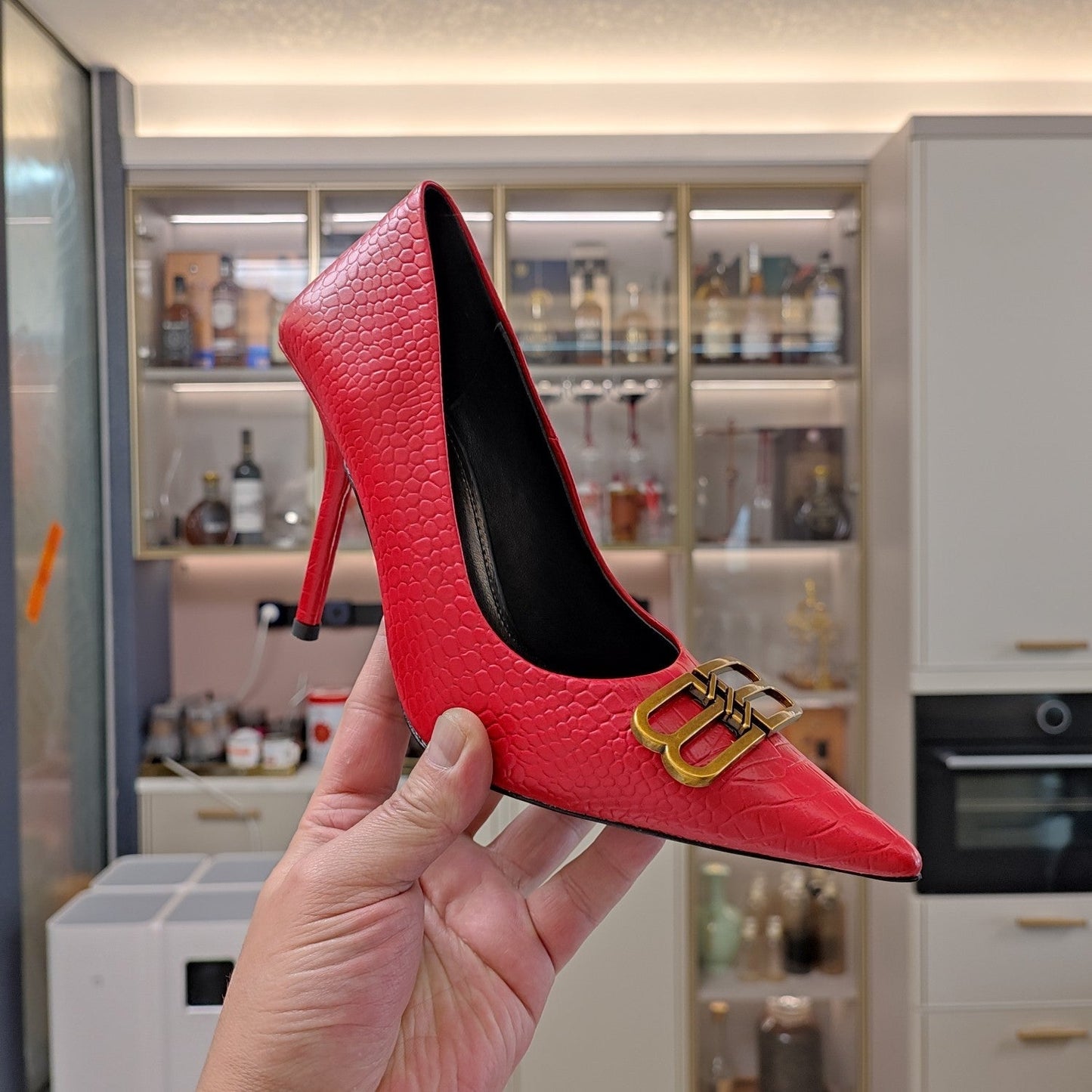 Balanciaga POINTED BB GOLD BUCKLE HIGH PUMPS IN RED CROCODILE PATTERN CALFSKIN