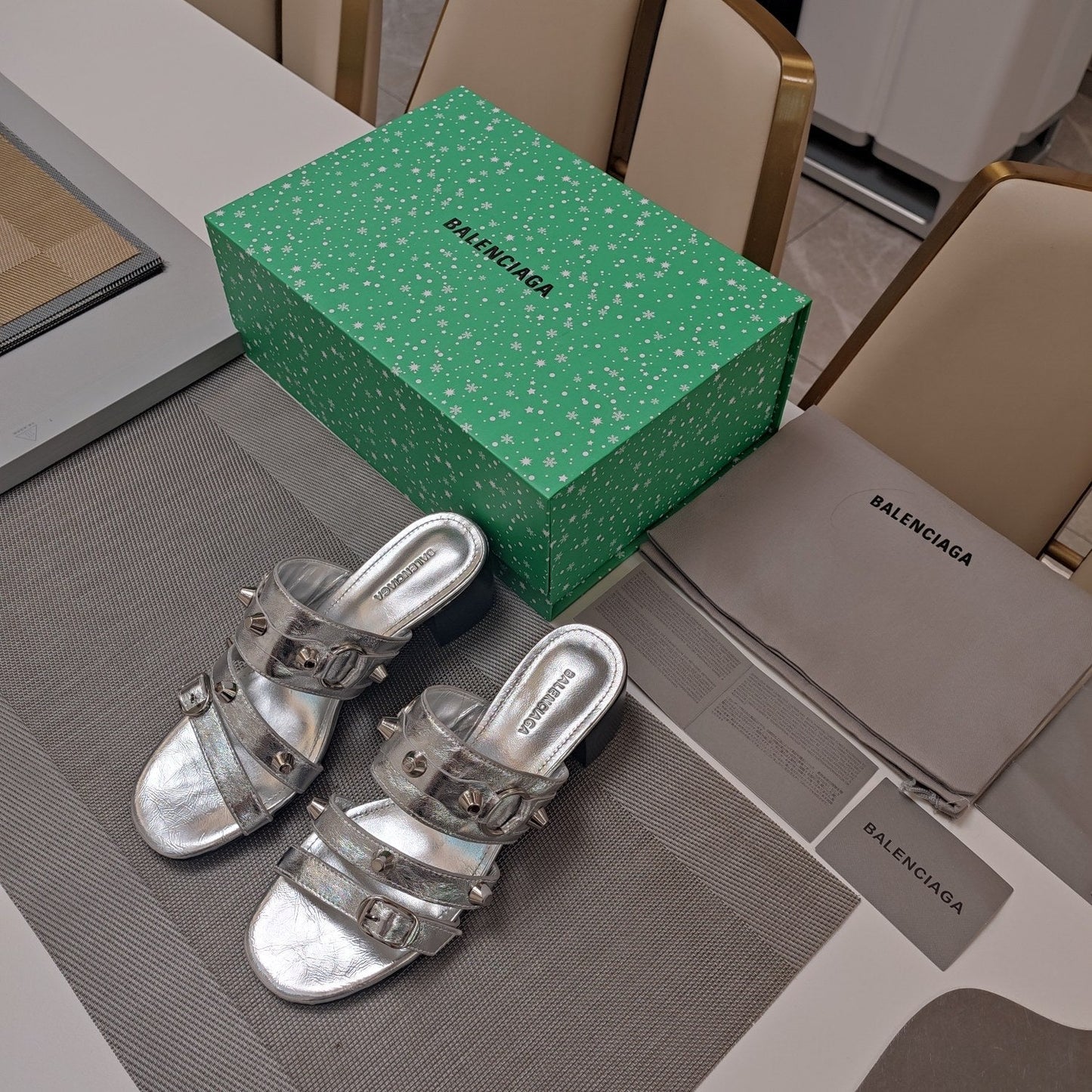 Balanciaga STRAPPY MEDIUM HEELED SANDALS IN SILVER STUDDED WAX-OIL SHEEPSKIN