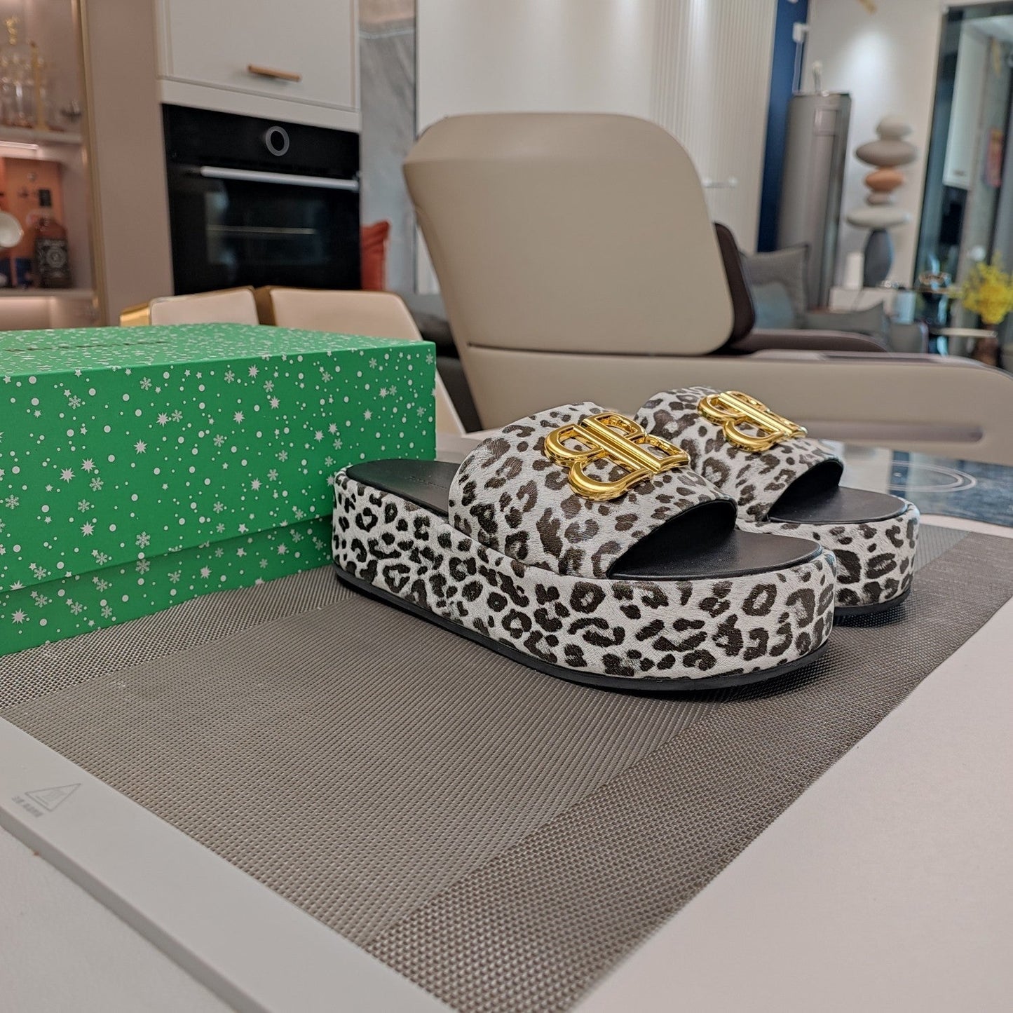 Balanciaga RISE SANDAL THICK-SOLED IN WHITE LEOPARD PRINT CALFSKIN