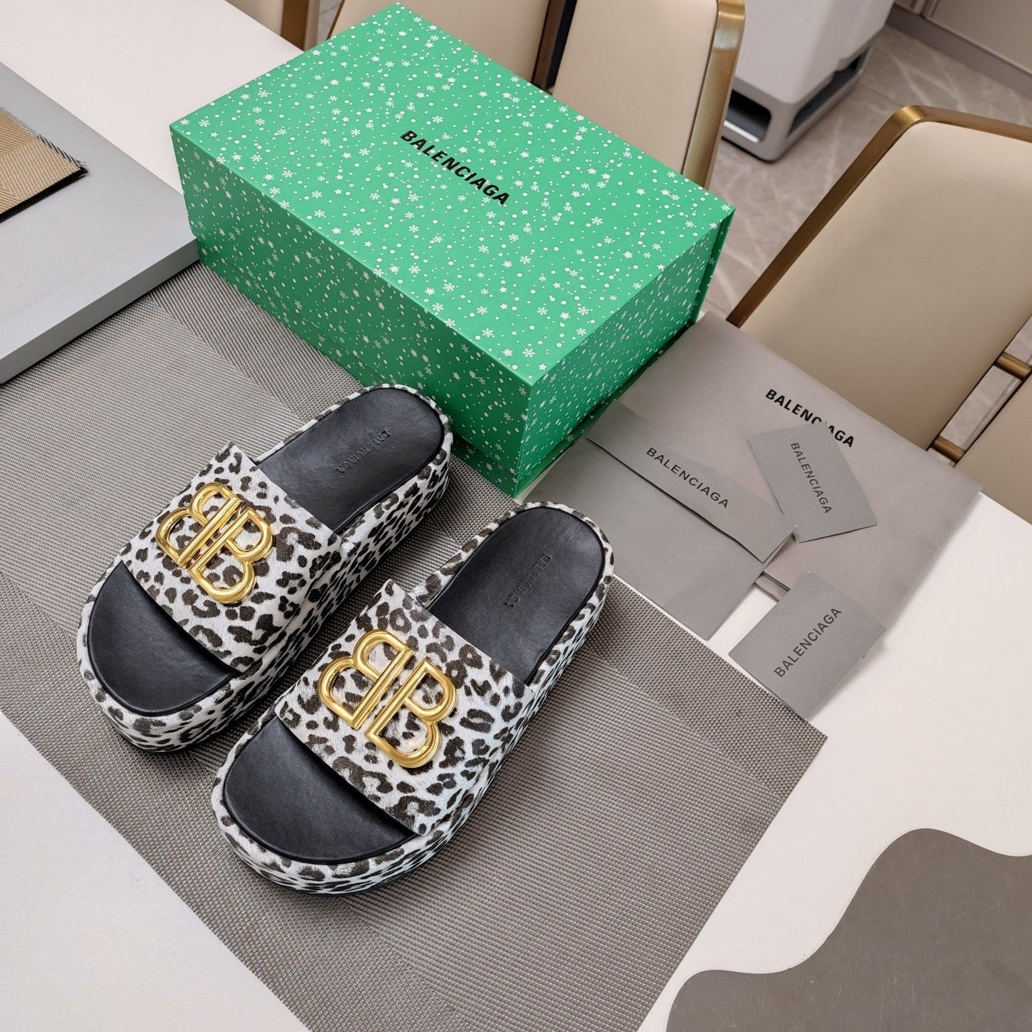 Balanciaga RISE SANDAL THICK-SOLED IN WHITE LEOPARD PRINT CALFSKIN