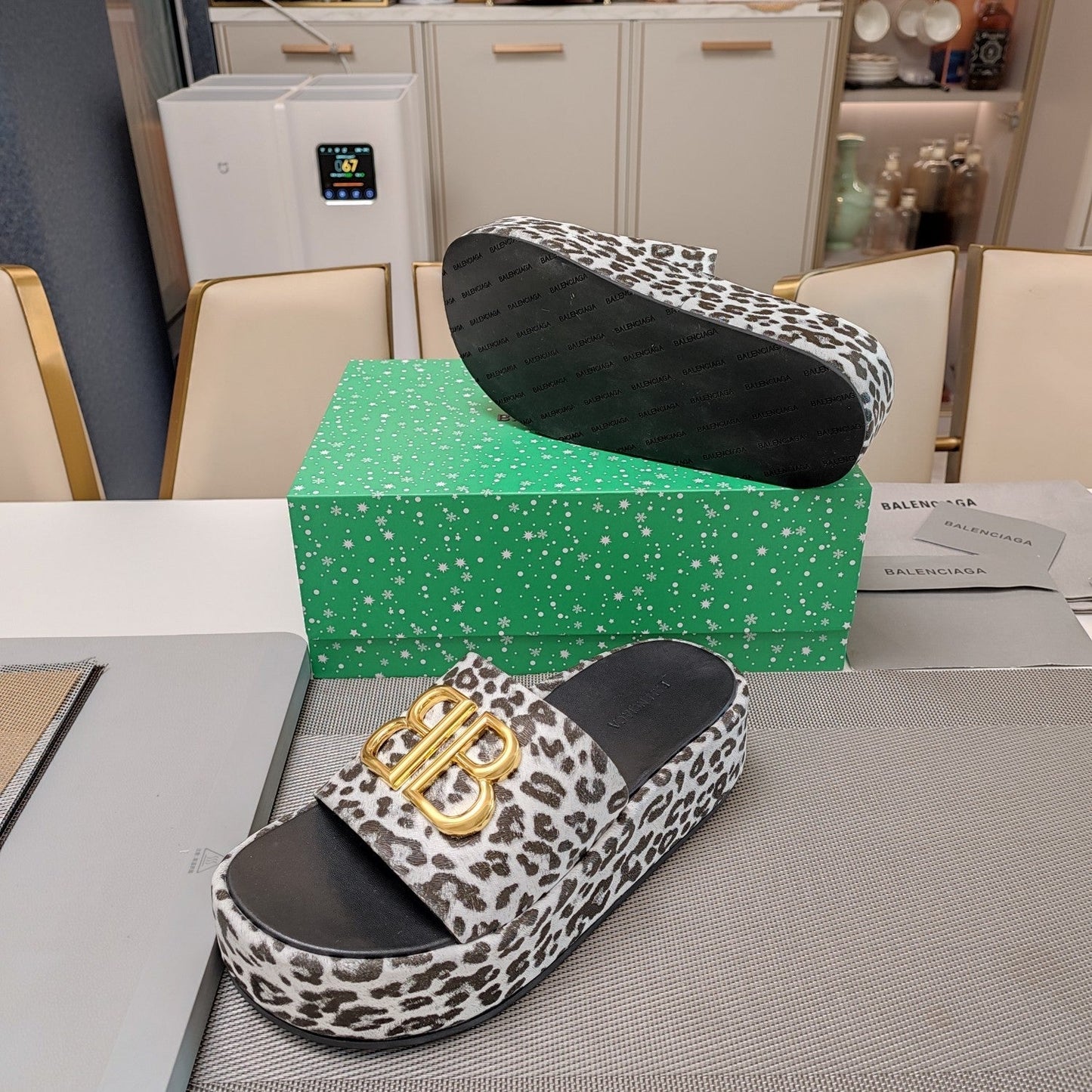 Balanciaga RISE SANDAL THICK-SOLED IN WHITE LEOPARD PRINT CALFSKIN