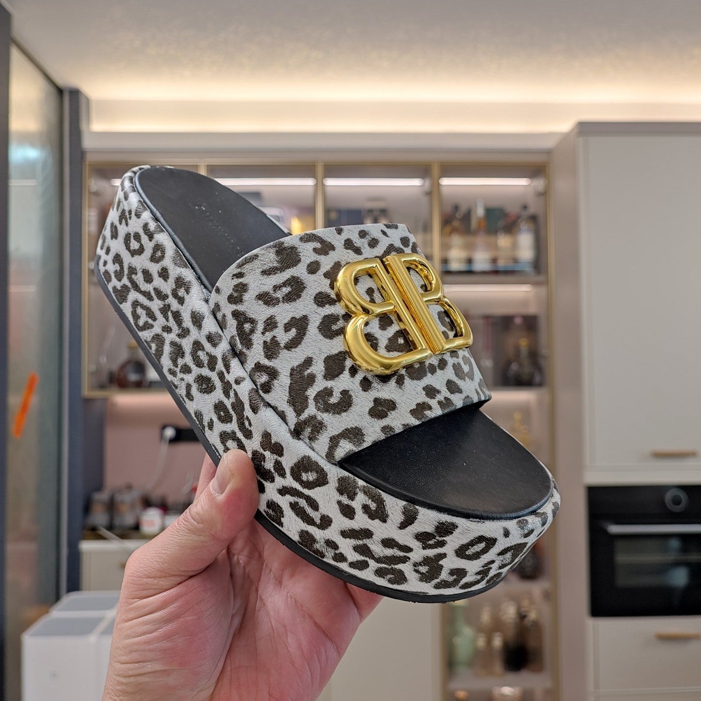 Balanciaga RISE SANDAL THICK-SOLED IN WHITE LEOPARD PRINT CALFSKIN