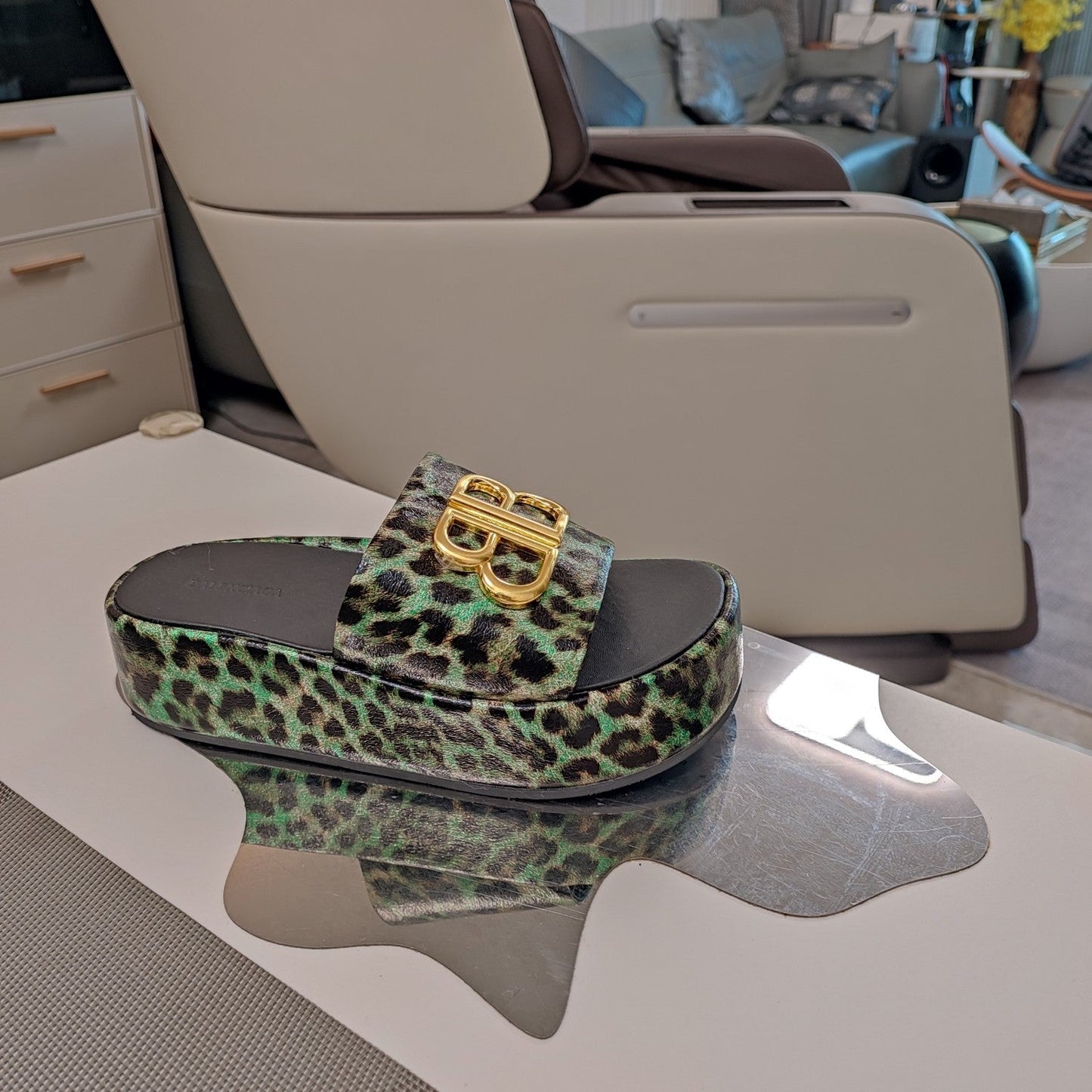 Balanciaga RISE SANDAL THICK-SOLED IN LIGHT GREEN LEOPARD PRINT CALFSKIN
