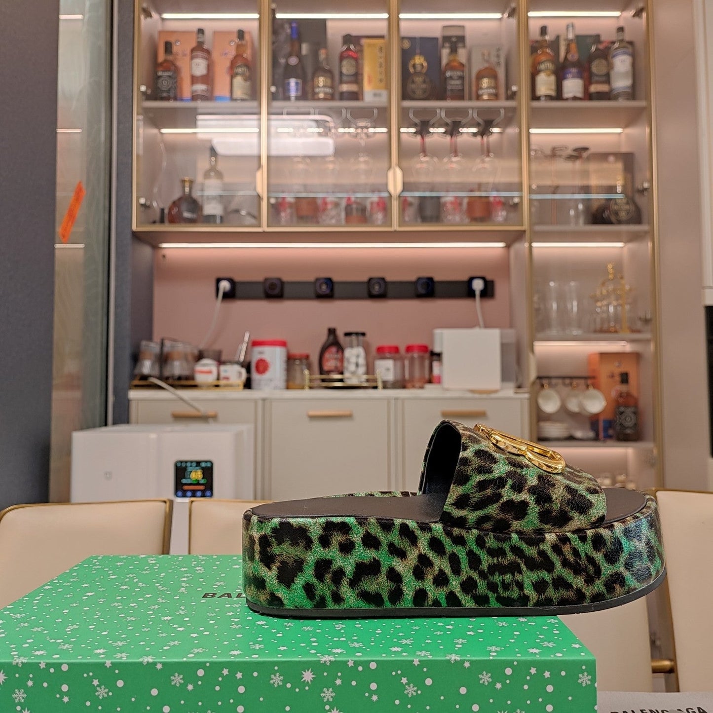 Balanciaga RISE SANDAL THICK-SOLED IN LIGHT GREEN LEOPARD PRINT CALFSKIN