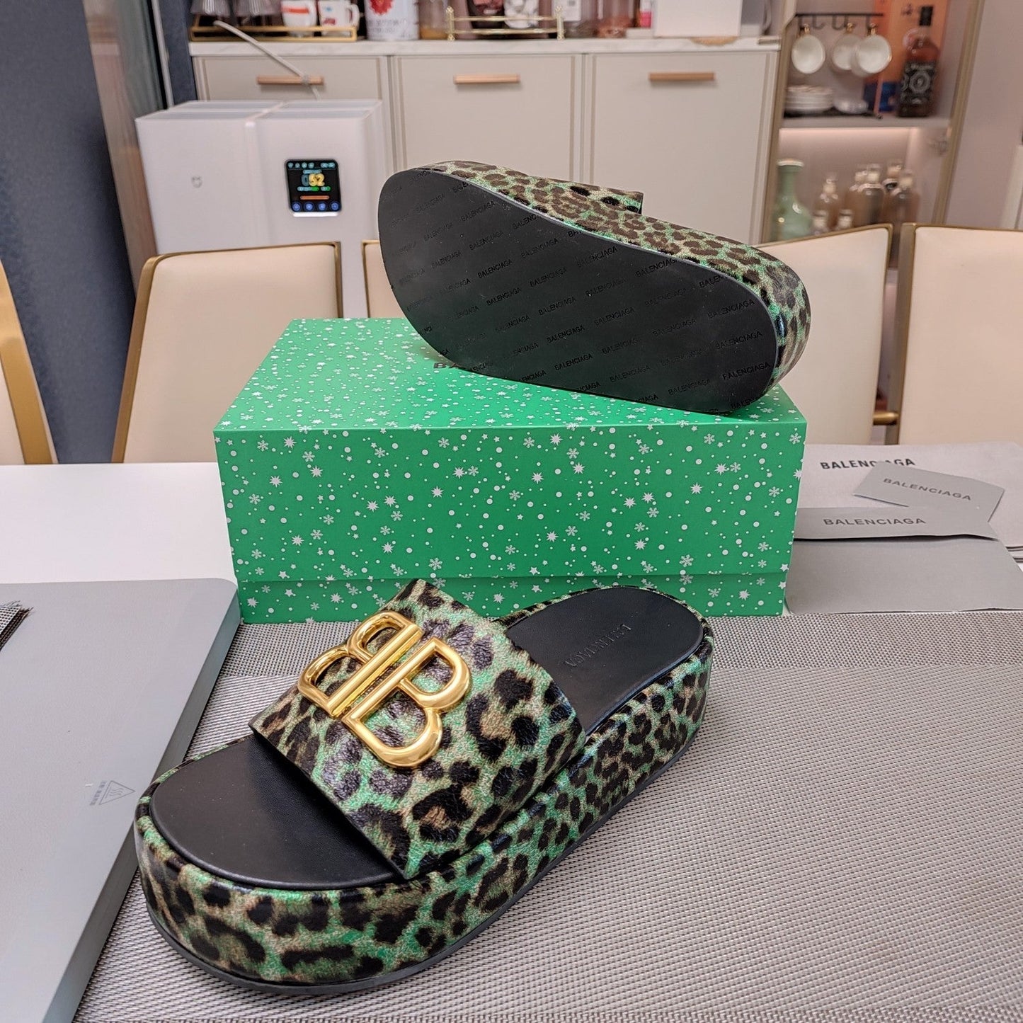 Balanciaga RISE SANDAL THICK-SOLED IN LIGHT GREEN LEOPARD PRINT CALFSKIN