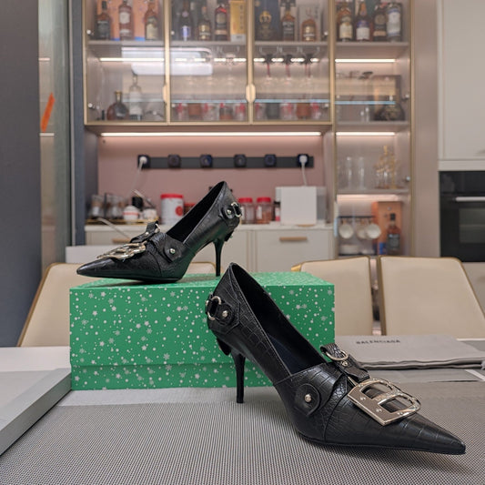 Balanciaga HIGH PUMPS WITH B SILVER BUCKLE IN BLACK CROCODILE PATTERN CALFSKIN