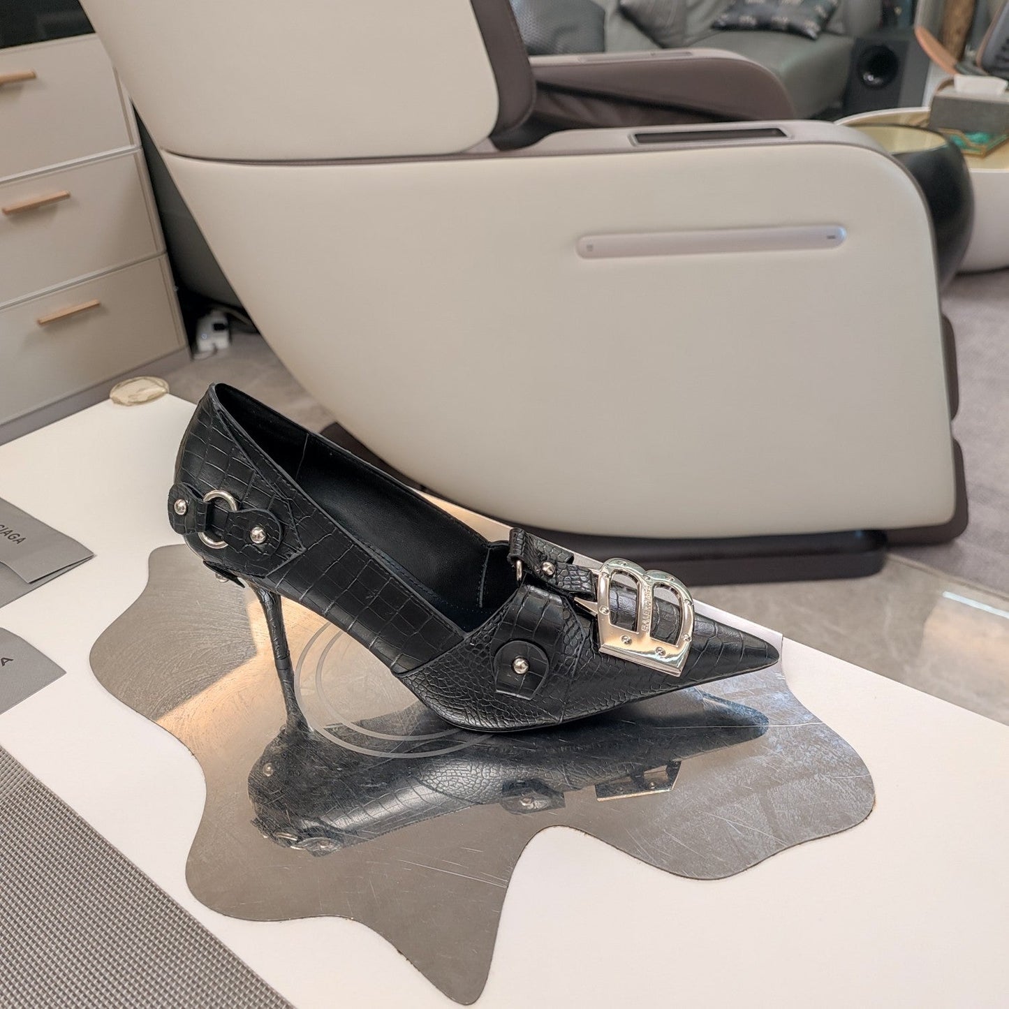 Balanciaga HIGH PUMPS WITH B SILVER BUCKLE IN BLACK CROCODILE PATTERN CALFSKIN
